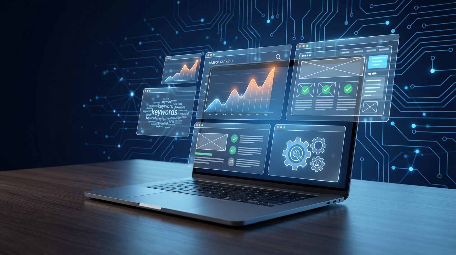 AI-powered SEO automation tools dashboard showing search rankings and keyword analytics for Dubai businesses