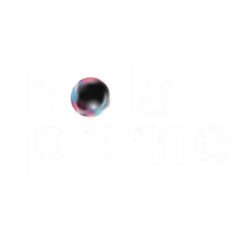 Hola Prime logo with a colorful spherical 'o' on a dark background.