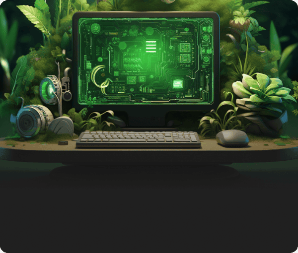 Futuristic computer setup with green digital circuit display in a lush environment.