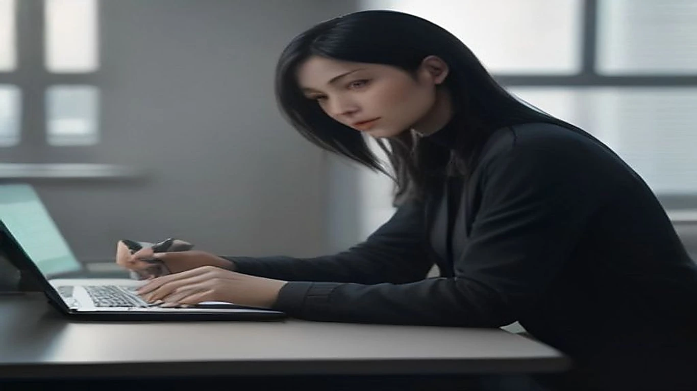 A consultant in charcoal blazer and pale crew neck leans forward over a matte black desk — AEO vs SEO