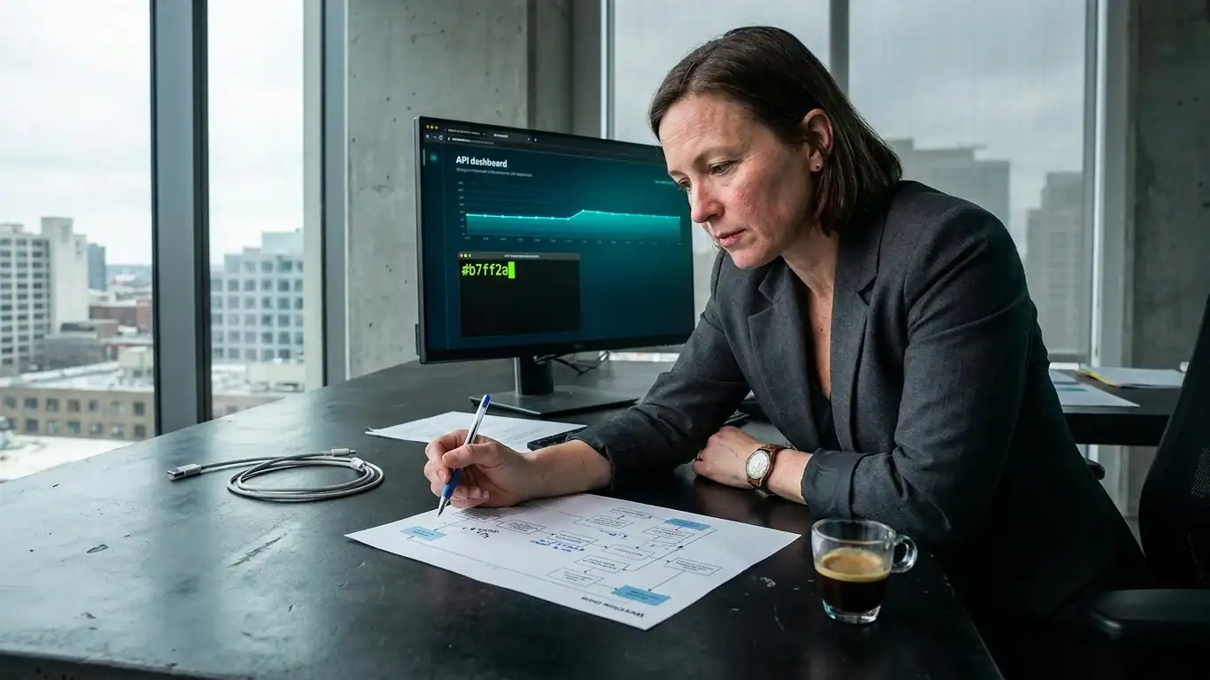 A consultant in charcoal blazer and rolled sleeves leans forward over a dark desk — ai agents healthcare uae