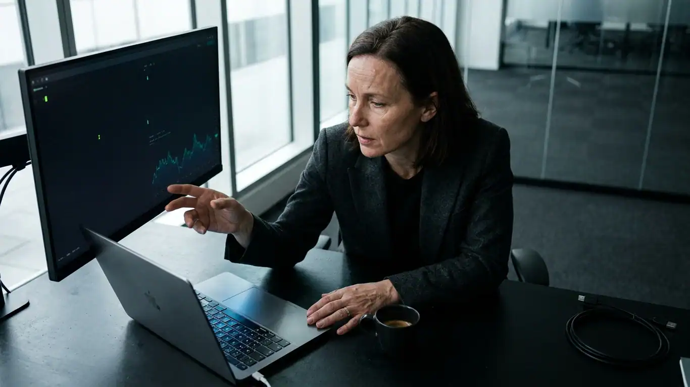 A consultant in charcoal blazer leans toward a secondary monitor mounted at eye level — ai seo agency in dubai