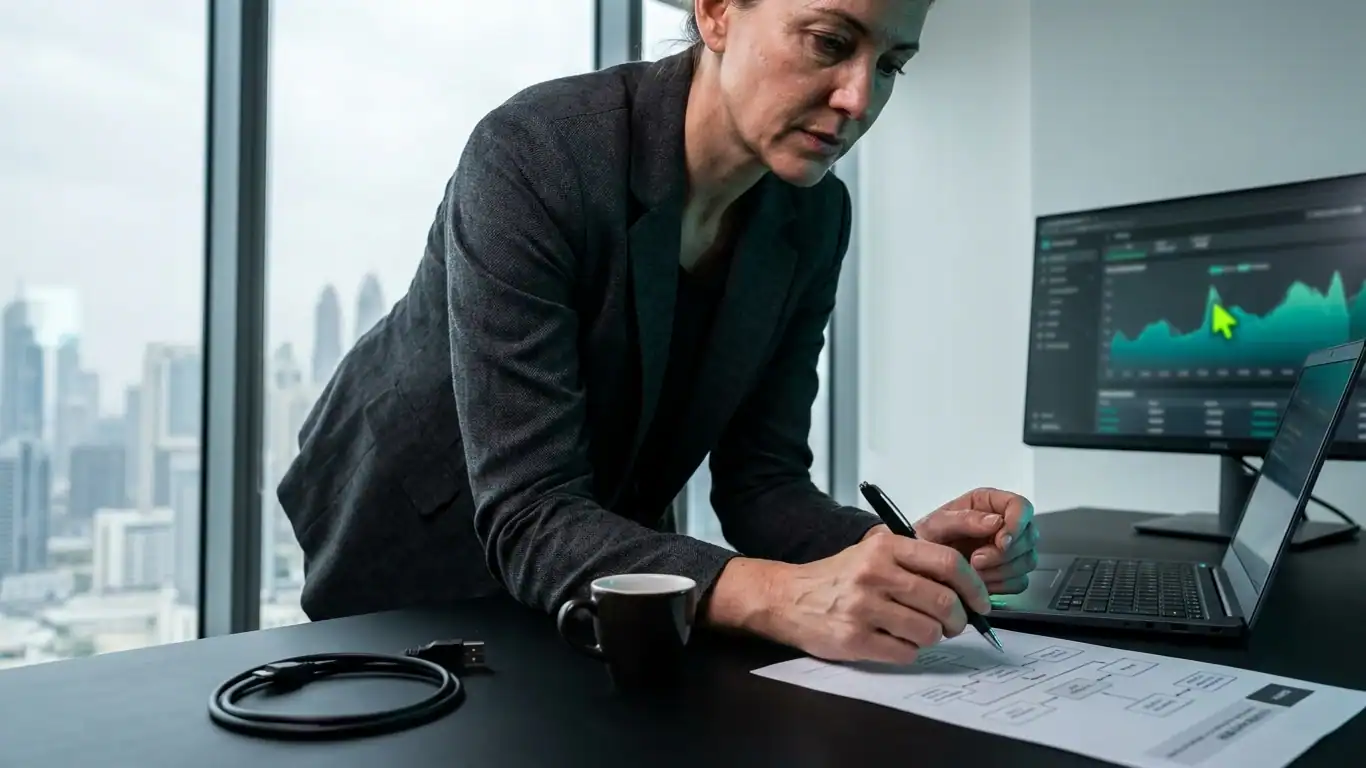 A consultant in charcoal blazer leans forward over a matte black desk — ai workflow automation real estate dubai