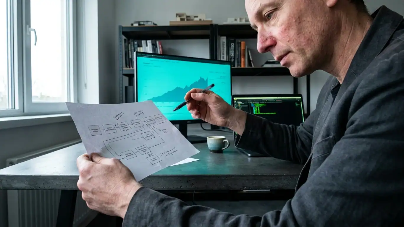 A consultant in charcoal blazer leans forward over a dark concrete desk — custom AI agent development Dubai