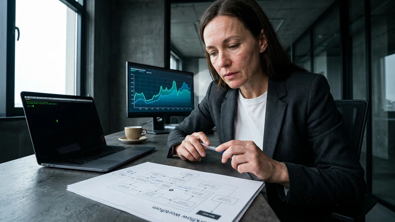 A consultant in charcoal blazer and white crew-neck leans forward over a dark concrete desk — how to get cited by ChatGPT