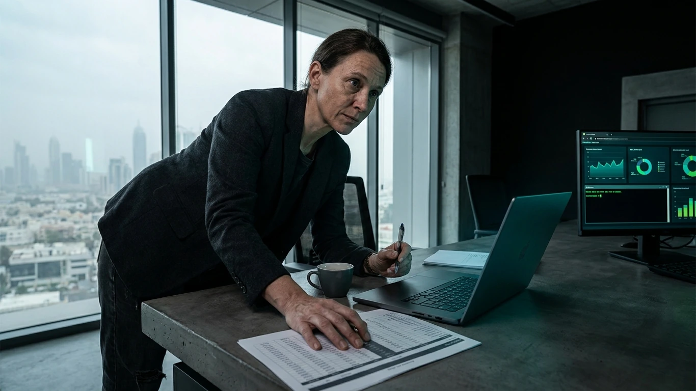 A consultant in charcoal blazer leans forward over a dark concrete desk — international marketing services dubai