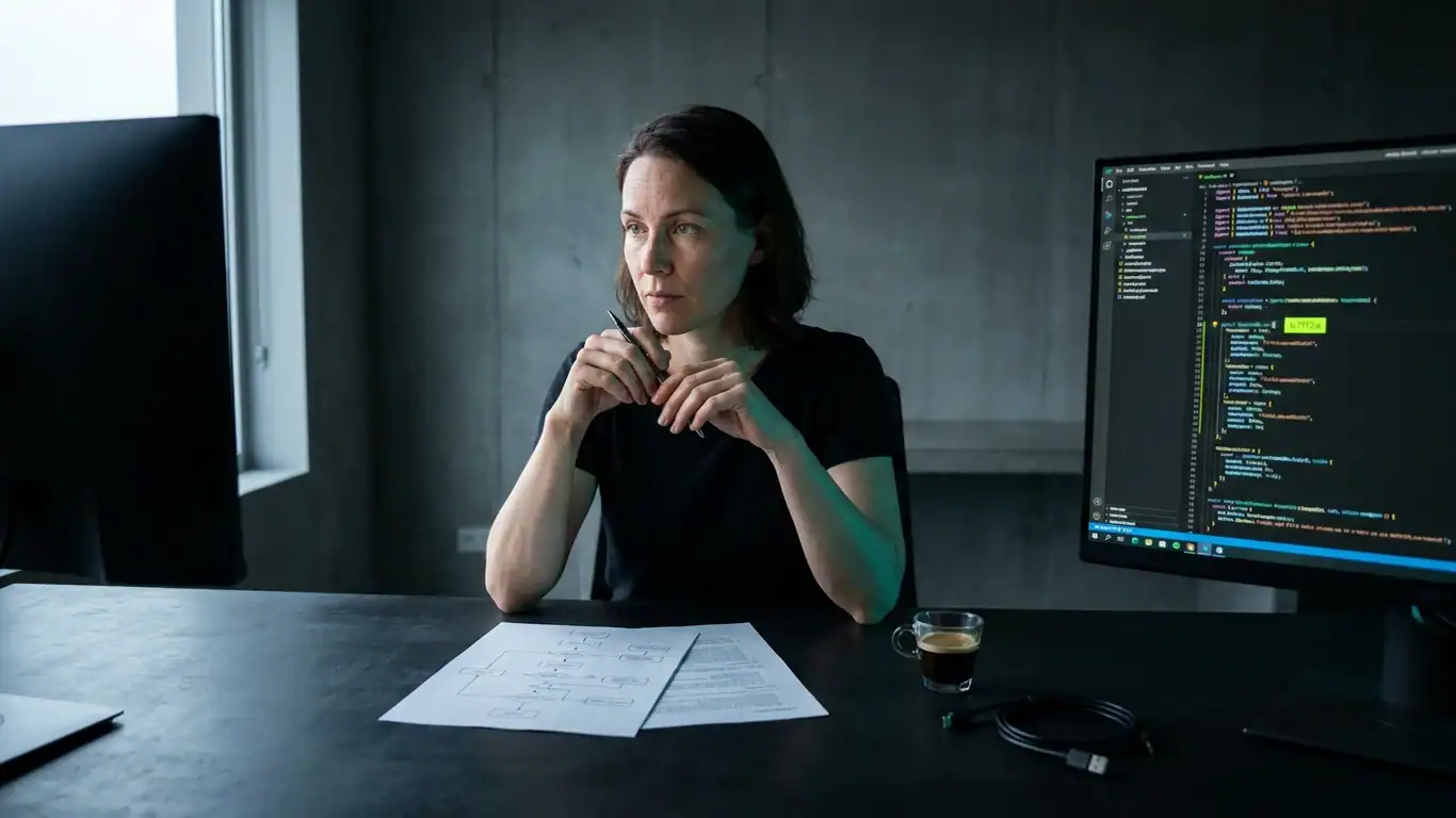 A woman in her late thirties, seated at a dark concrete desk — kimi k3