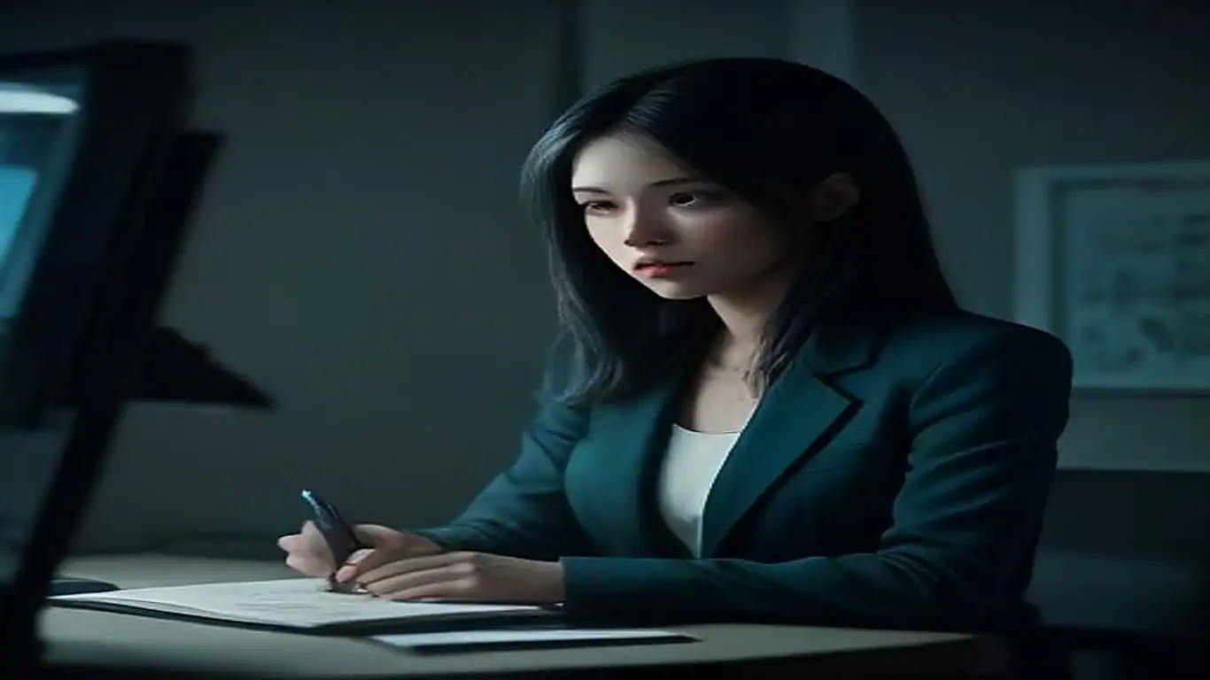 A woman in her late thirties, seated at a dark concrete desk — seo growth