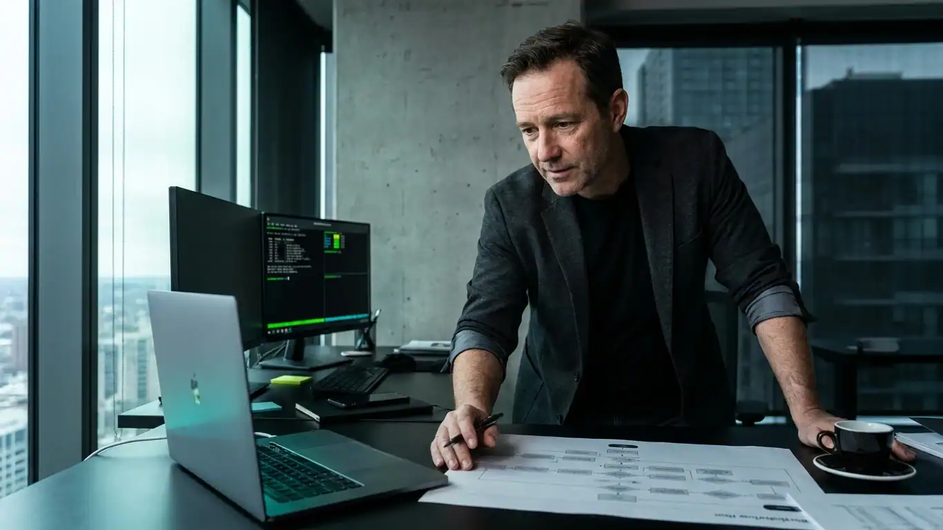 A consultant in charcoal blazer and rolled sleeves leans forward over a dark desk — ai powered marketing agency