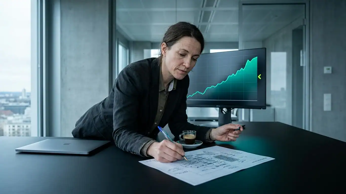 A woman in her late thirties, seated at a dark desk — what is an exclusive client AI agency