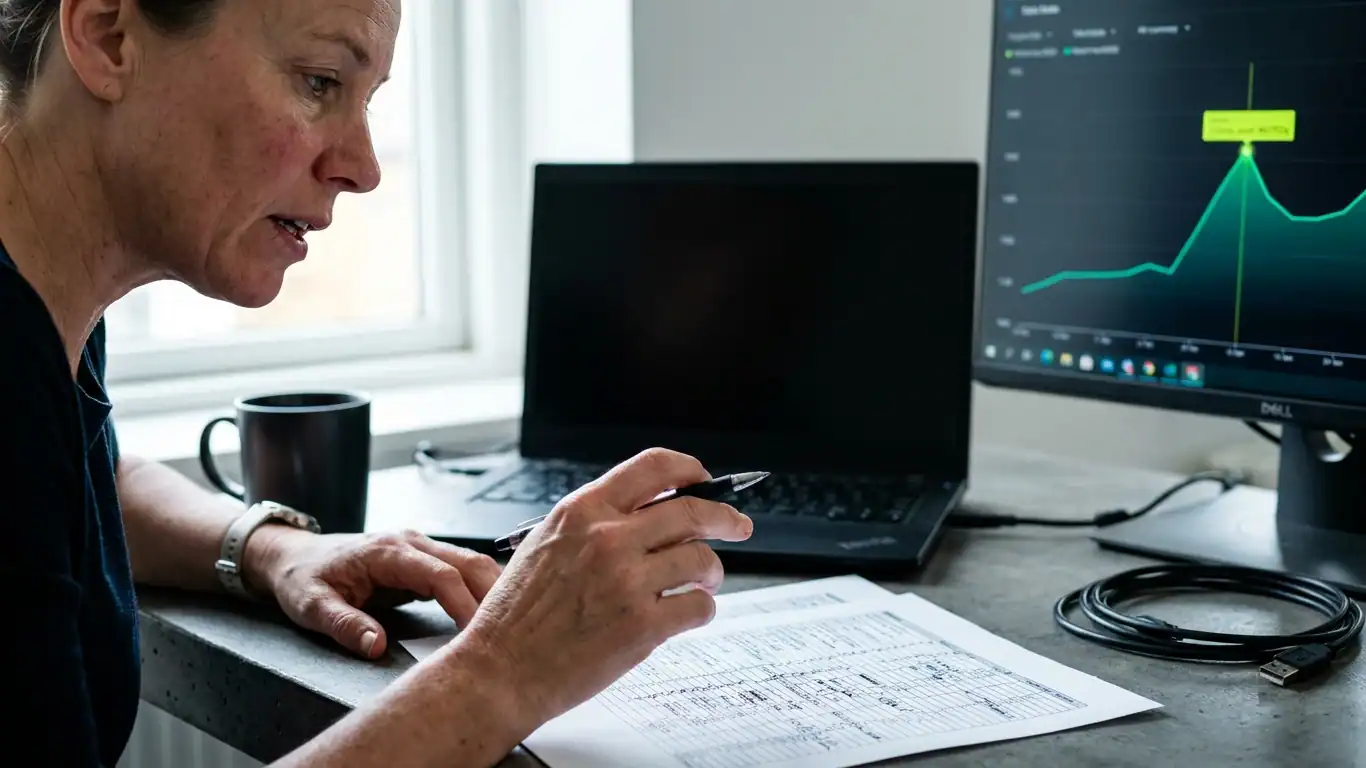 A consultant leans forward over a dark desk, left hand resting near a ceramic cup — AEO vs SEO