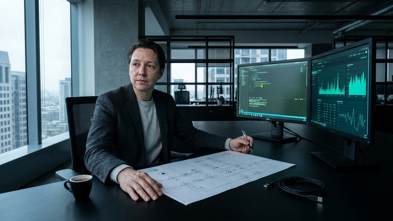 A figure in charcoal blazer and pale crew-neck sits at a dark desk in a high-floor office — ai call center