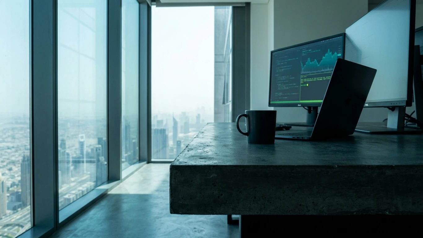 A high-rise office desk in profile, shot from a low angle that emphasizes depth and the… — ai in advertising examples