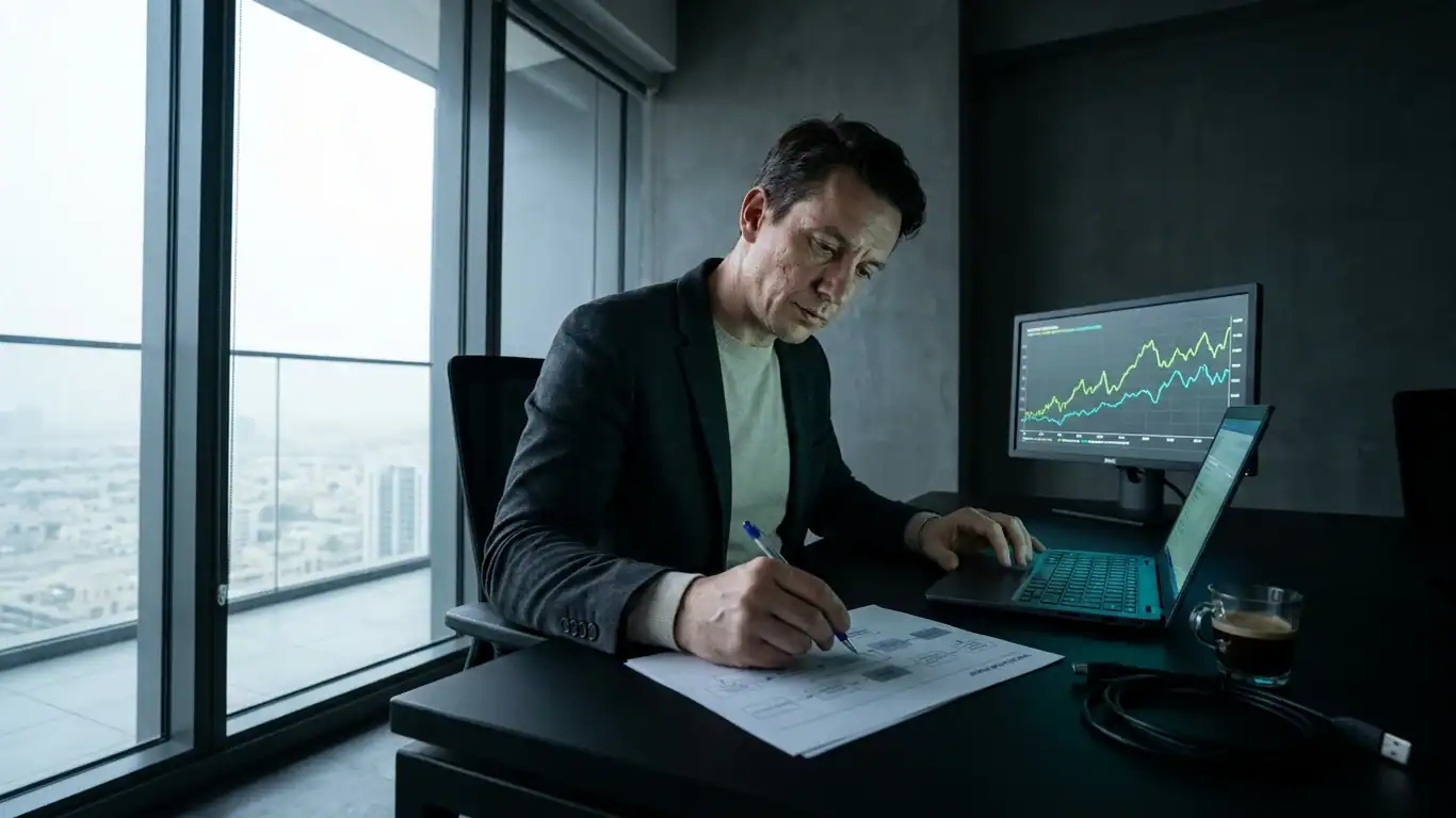 A consultant in charcoal blazer and pale crew-neck leans forward over a dark… — ai-powered digital marketing services in uae