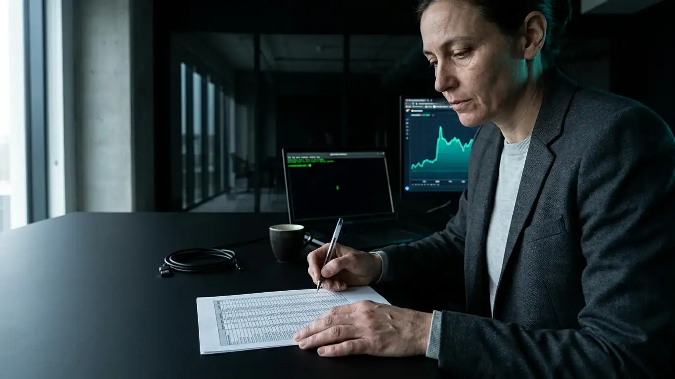 A consultant in charcoal blazer and pale crew-neck sits at a matte black desk — ai seo services