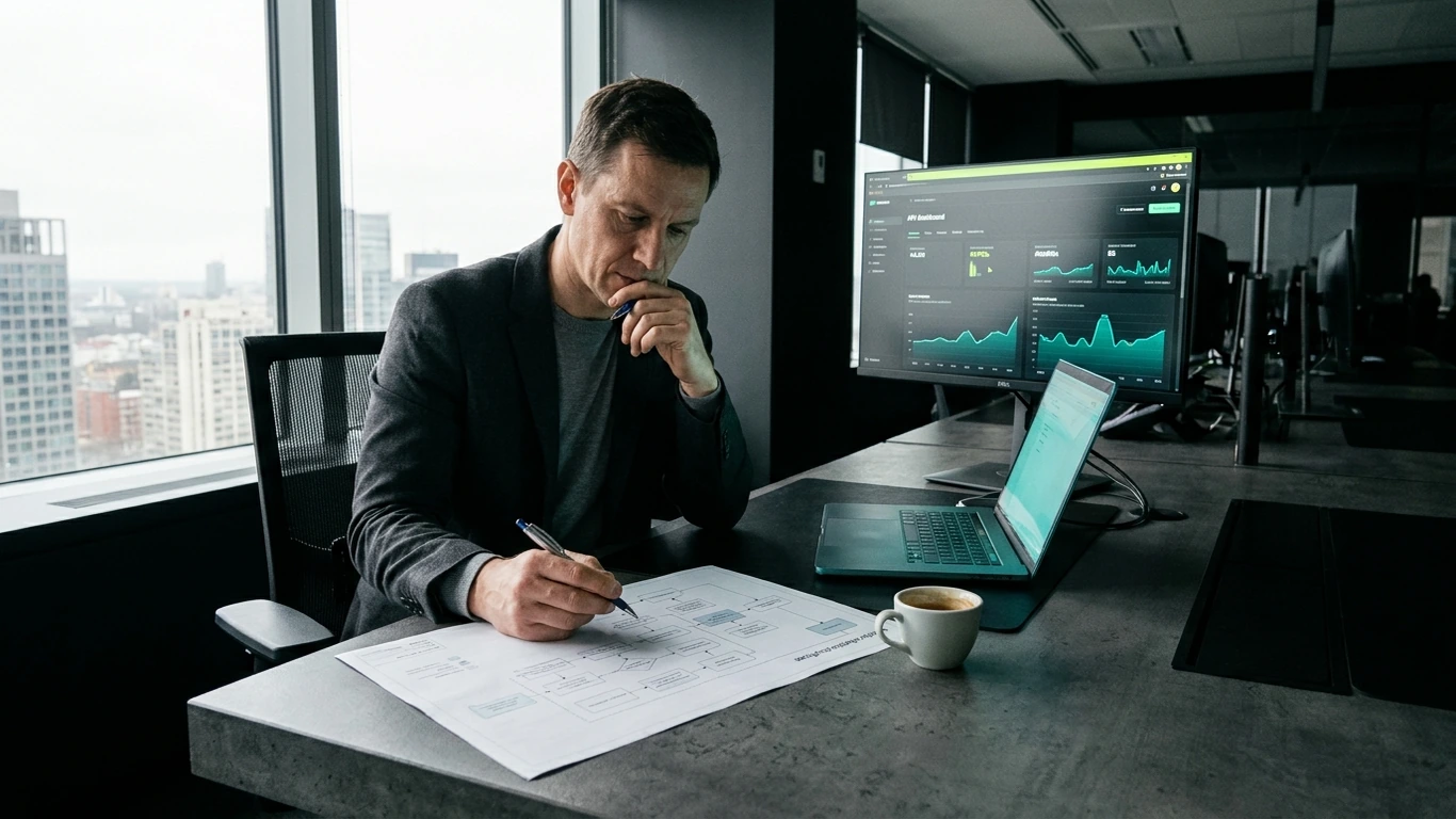 A high-floor office desk in dark concrete and matte black surfaces, shot at — banking automation uae