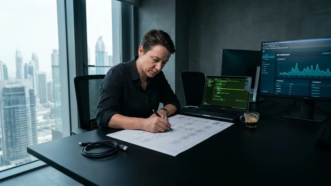 A person in their late thirties, seated at a dark desk — custom AI agents for business