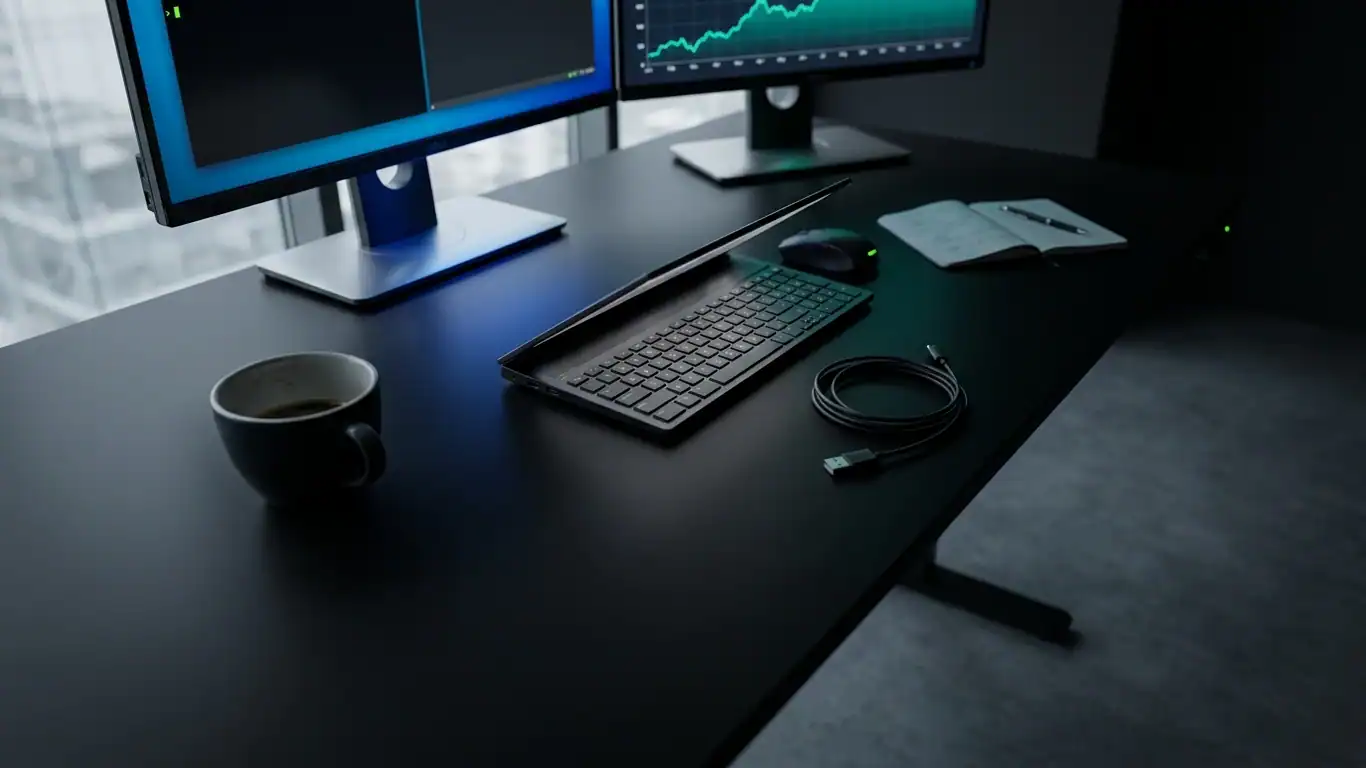 A dark desk in a high-floor office, shot from above at shallow angle — custom AI solutions