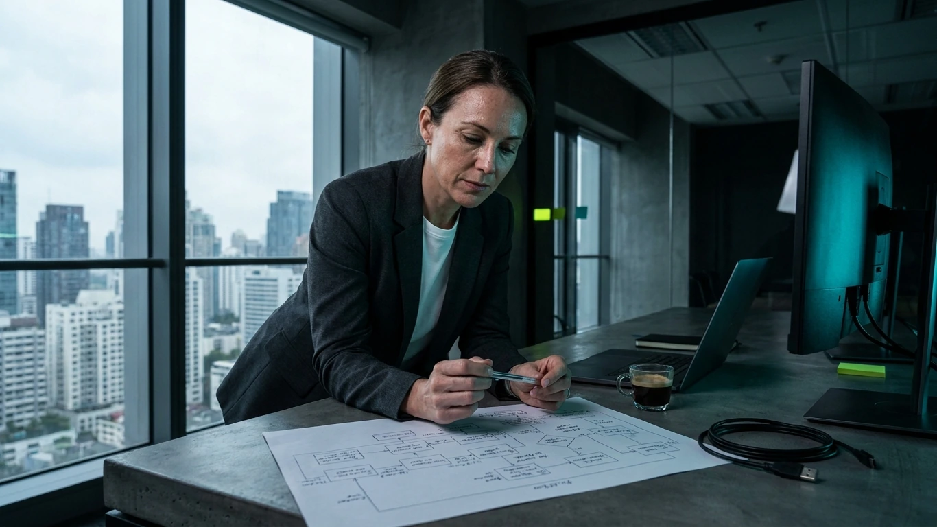 A consultant in charcoal blazer and white crew-neck leans over a dark concrete desk — how to hire an AI agency