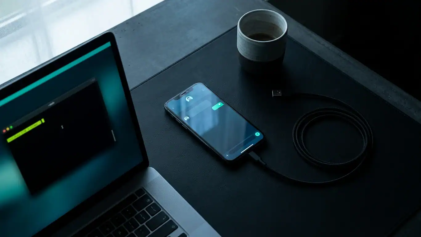Overhead view of a dark desk surface with a smartphone centered in frame — meta ai