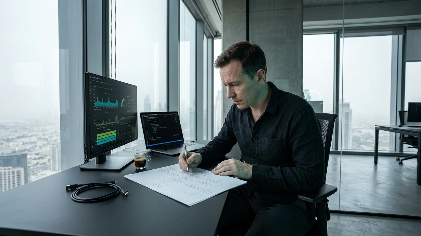 A dark desk surface at eye level, shot from above at shallow angle — ai digital marketing agency