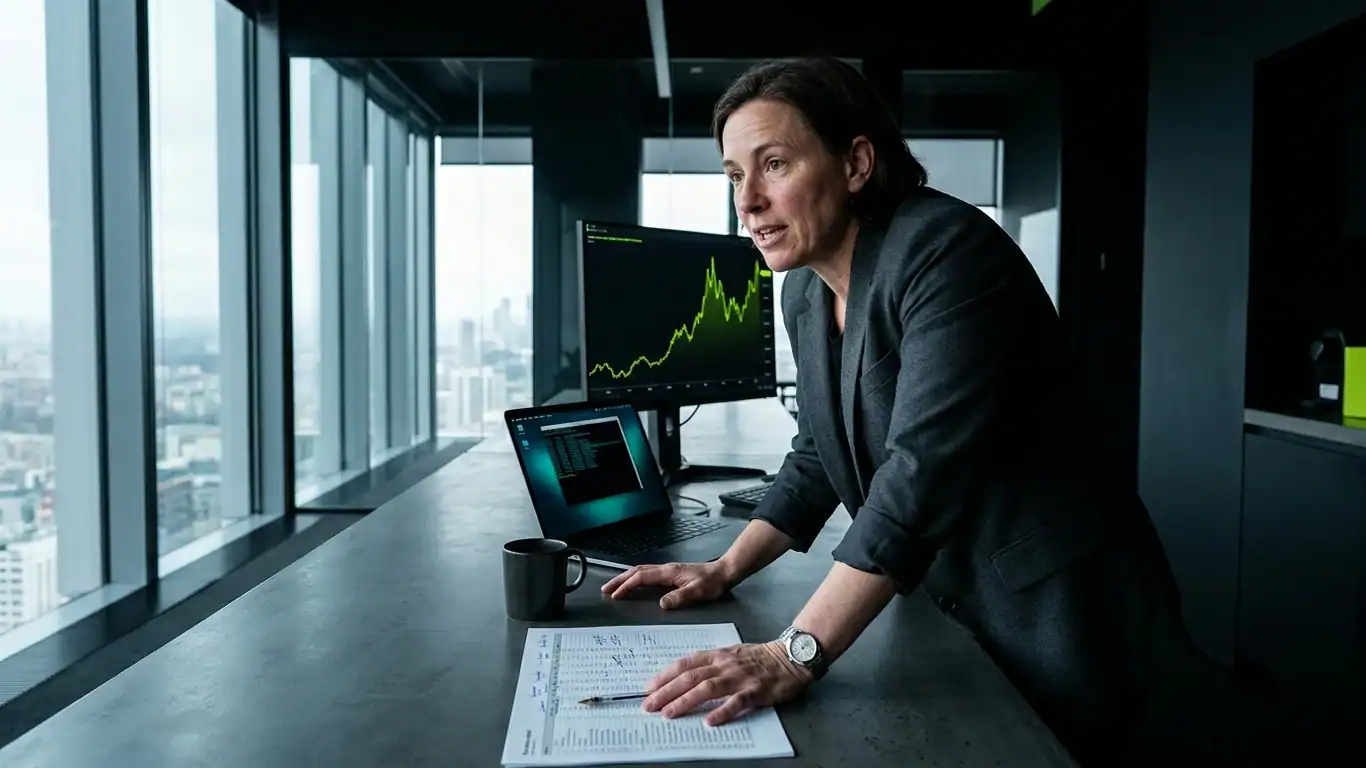 A consultant in charcoal blazer and rolled sleeves leans forward over a dark desk — seo growth