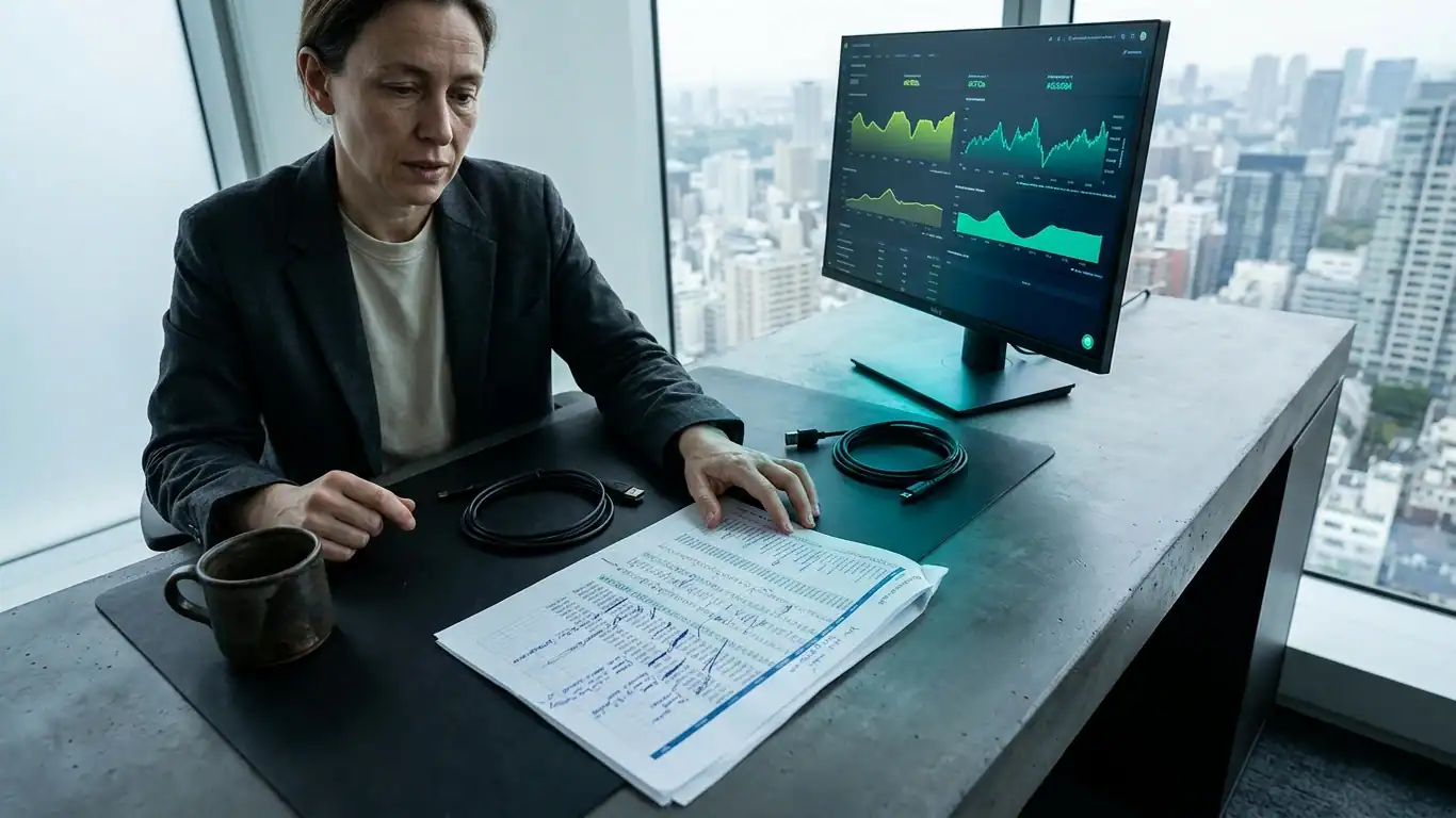 A high-floor office desk in dark concrete and matte black, shot at — social network marketing