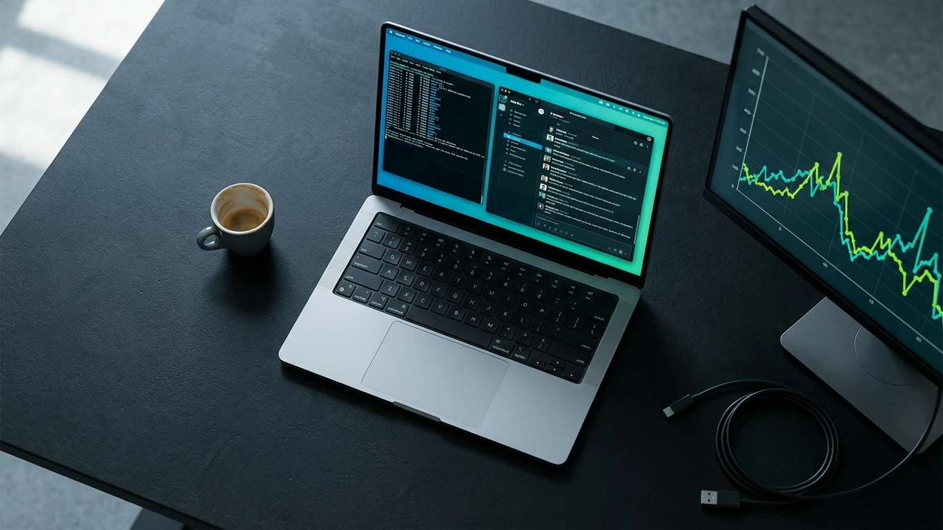 Overhead view of a dark matte desk surface holding an open laptop with a terminal window displaying code and a… — ai ads