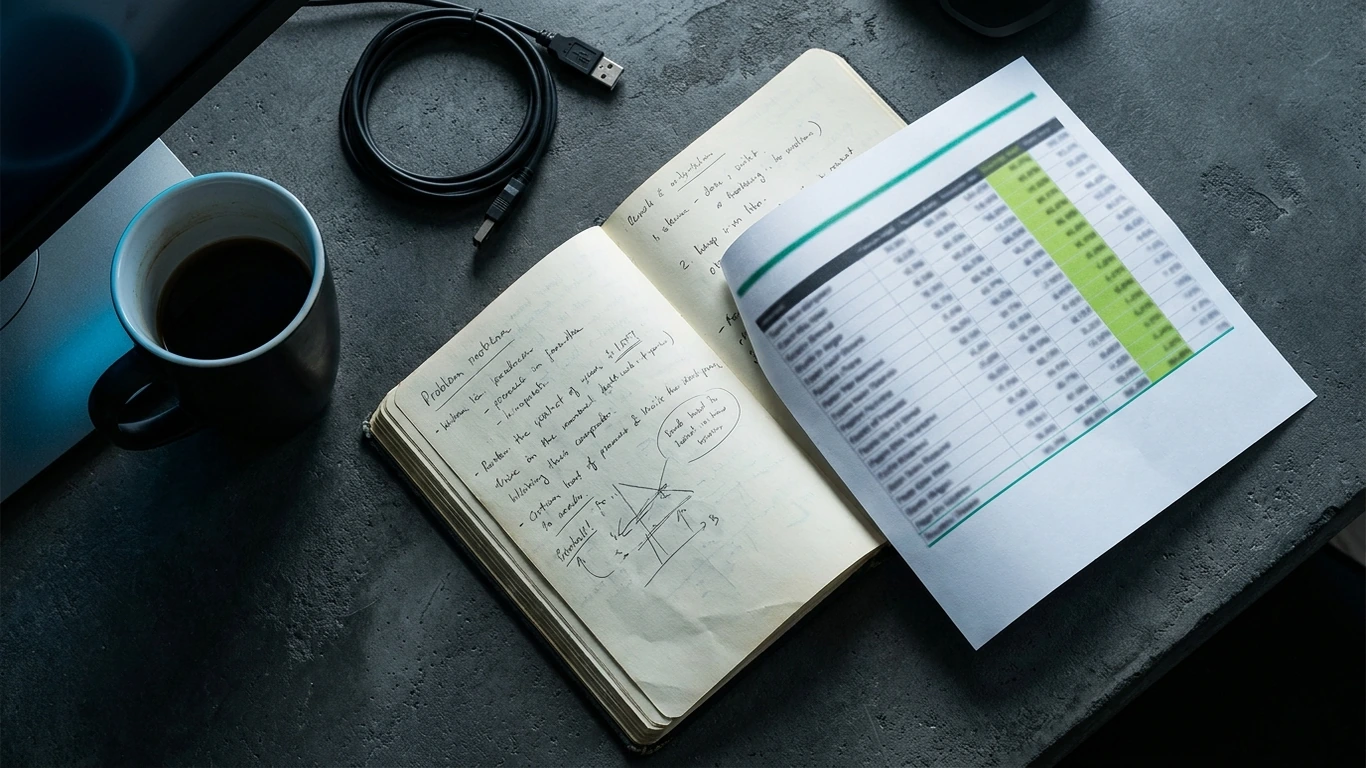 Overhead view of a dark desk surface holding an open notebook with handwritten entries alongside a… — digital marketing