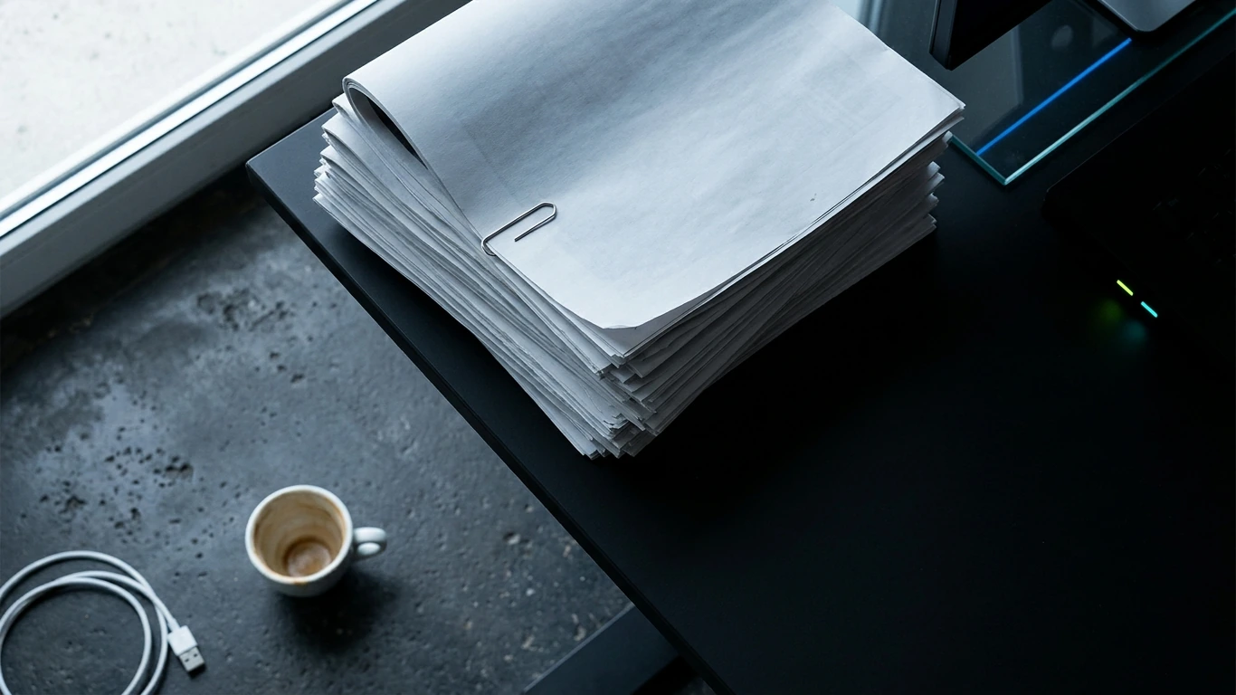 A cold stack of printed paper sits on a matte black desk — performance marketing agency