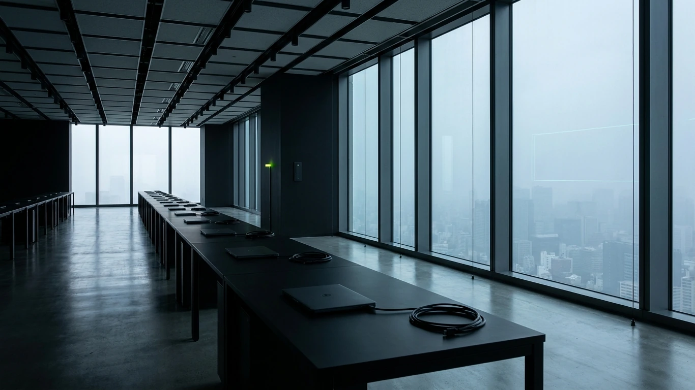 A long, empty operations room on a high floor, shot from a low corner so the glass curtain wall fills the right third