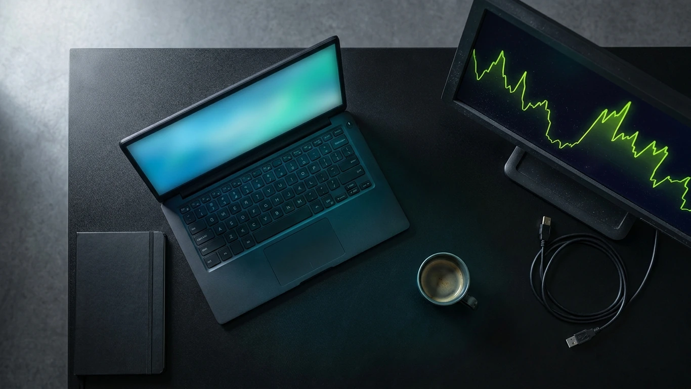 An overhead view of a dark desk surface holding an open laptop angled away from camera — is seo worth it