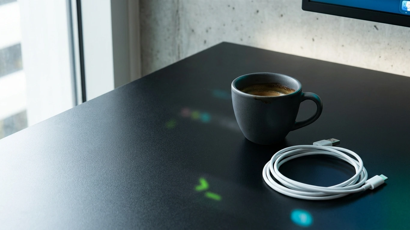 A close overhead still life of a pair of objects on nothing but the desk itself: a matte black desk surface in the lower