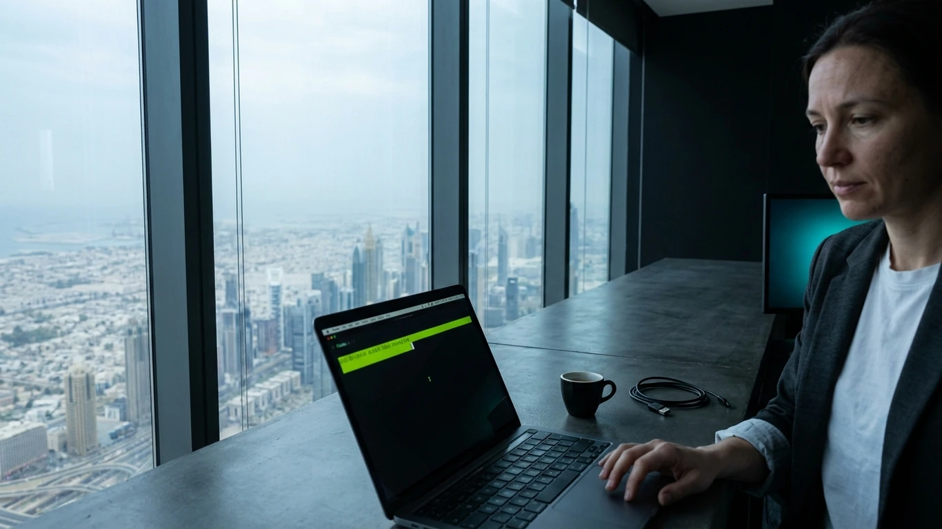 A narrow desk-level work surface in a high-floor office, dark concrete with a matte finish — UAE AI strategy