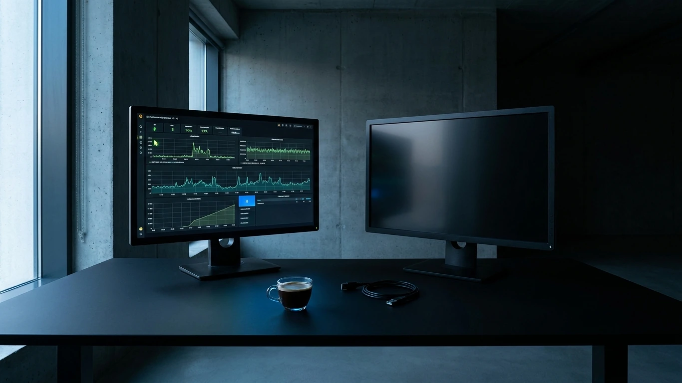 A darkened monitoring station: two monitors sit side by side on matte black desk surface — what is auto optimization